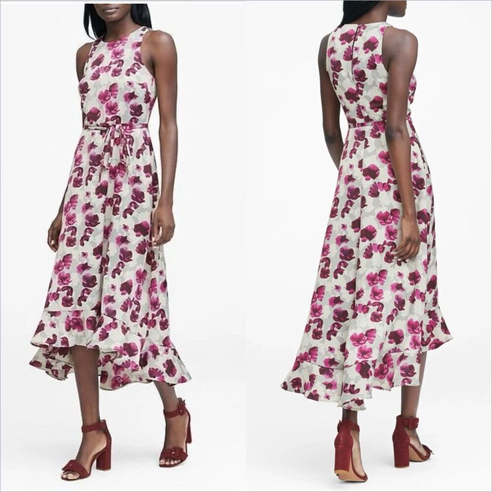 Banana Republic Flounce Hem Floral Maxi Dress Size 2 NWT Tie Waist Purple Poppy